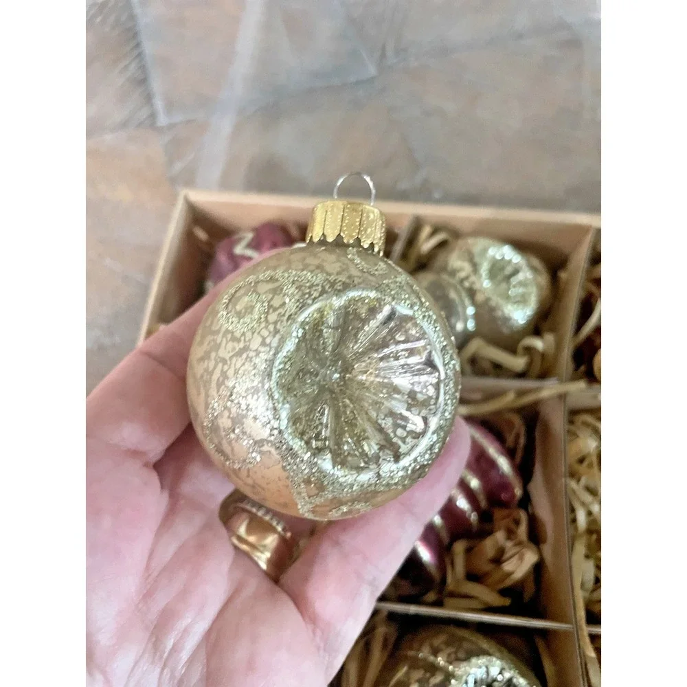 Vtg Set of 9 Ashland‎ Glass Glitter Frosted Pink Gold Christmas Ornaments NIB